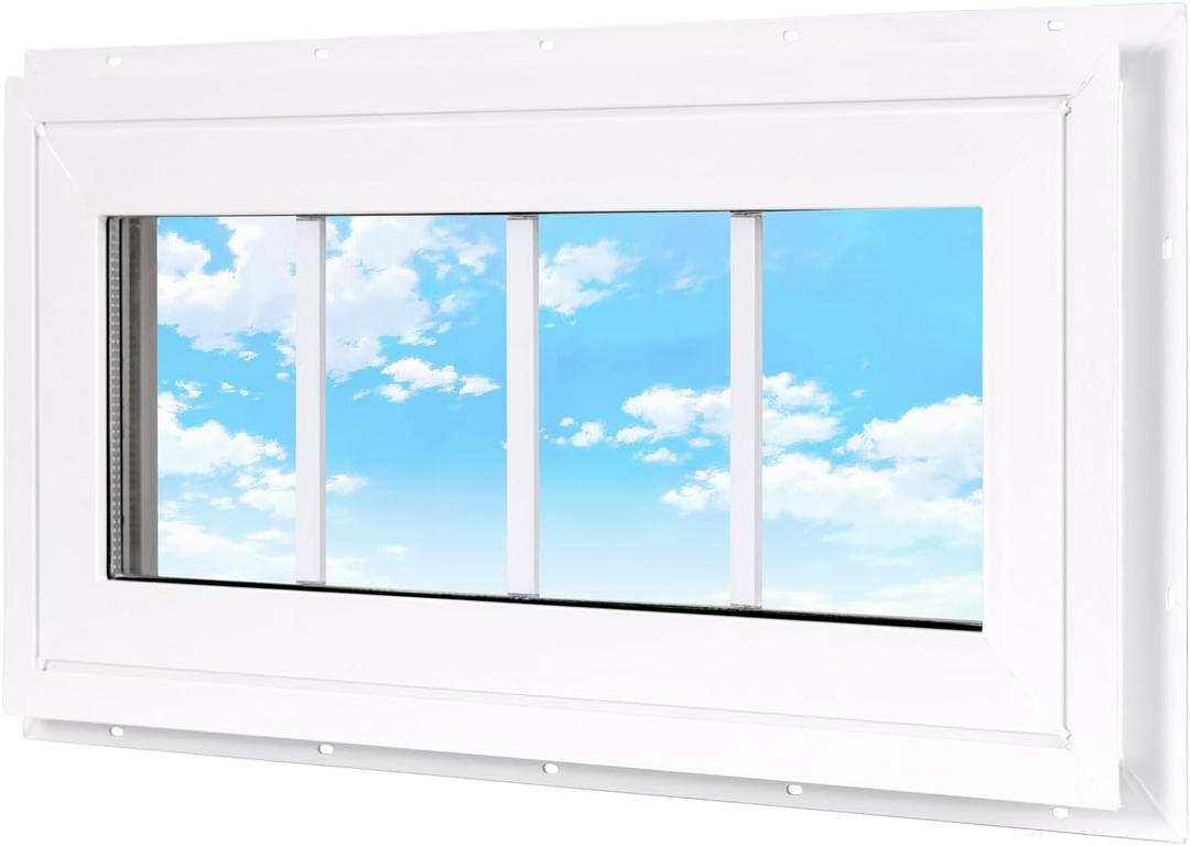 Vinyl Transom Household Window, 10" x 23" Double Pane Fixed Window with Grids and Tempered Glass for House, Garage (White)