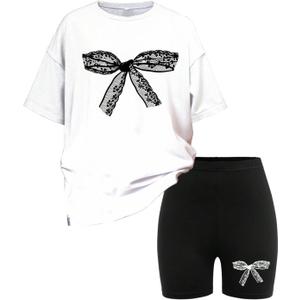 Girl's 2 Piece Cute Summer Outfits Bowknot Graphic Short Sleeve T Shirt and Biker Shorts Set (White)