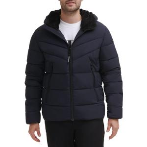 Calvin Klein mens Heavyweight Short Puffer (Medium, Hooded Stretch True Navy)