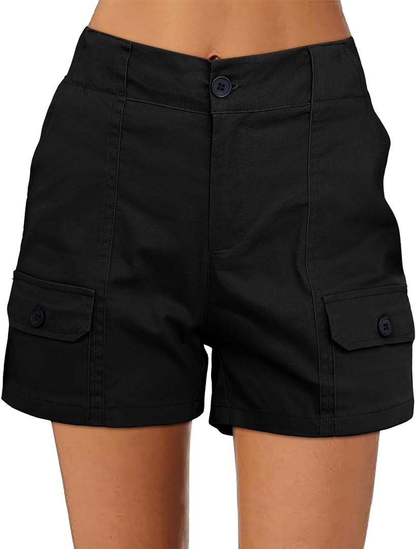 luvamia Cargo Shorts for Women Casual Summer High Waisted Chino Shorts Ribbed Elastic Waist Utility Pockets Comfy Shorts (Small, Black)