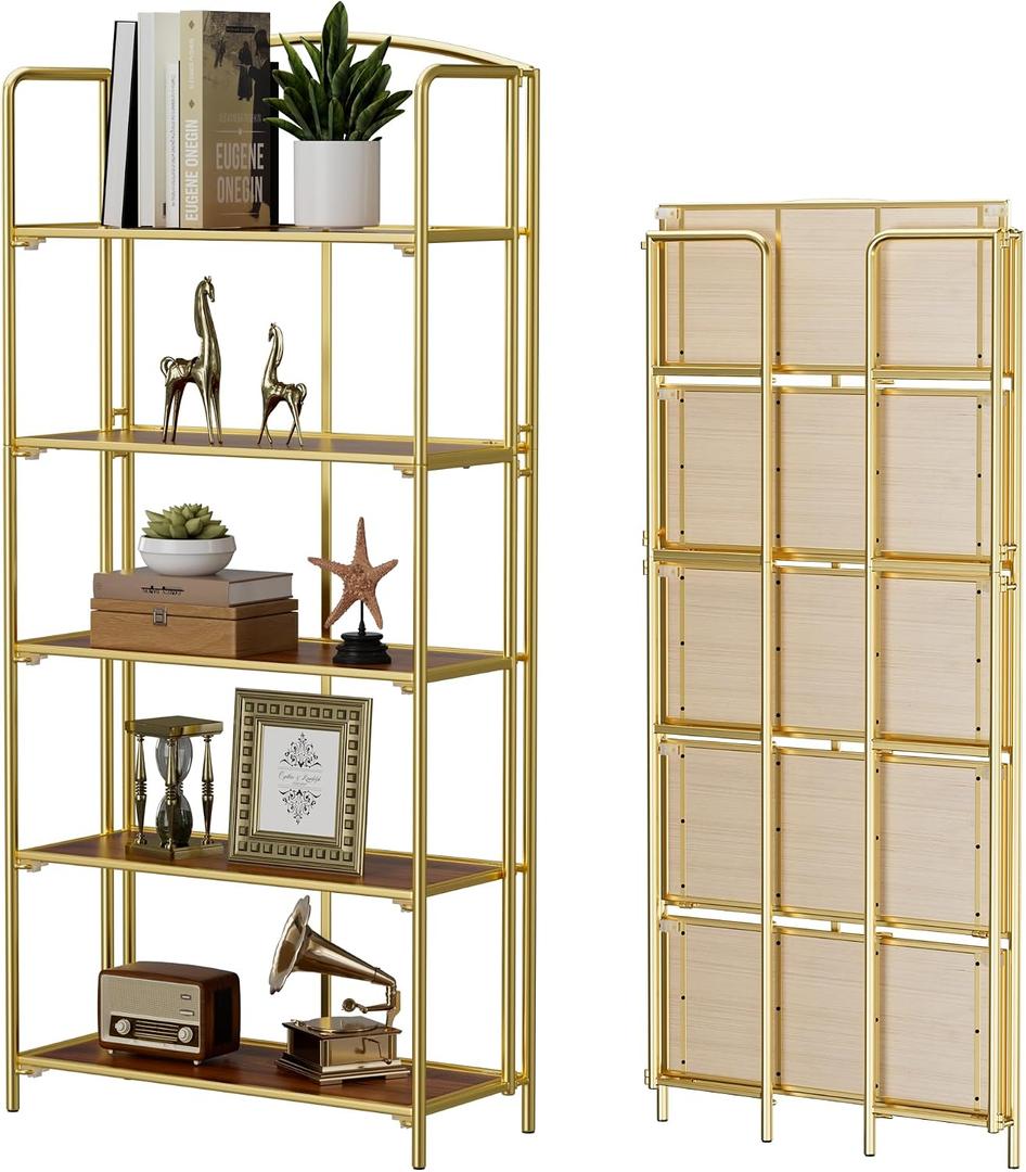 5-Tier Wider Foldable Bookshelf, Gold Frame & Walnut Shelves