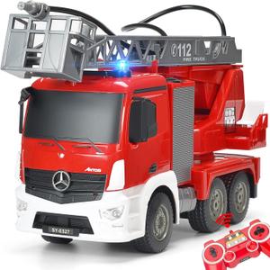 Benz Licensed Remote Control Fire Truck, RC Fire Truck Toy, Rechargeable Construction Truck Toys with Alarm Lights, Hose, Working Water Pump and Rotating Rescue Ladder Fire Truck Toys Gift for Kids
