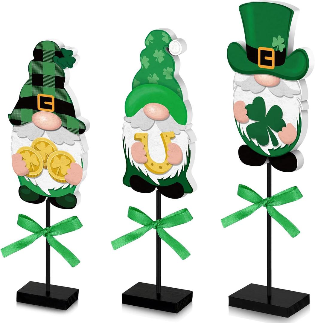Yulejo 3 Pcs St. Patrick's Day Gnome Table Decorations Lucky Decor St Patricks Day Gnome Wood Signs Decoration Tiered Tray Centerpiece for Farmhouse Home Kitchen Shelf Decor
