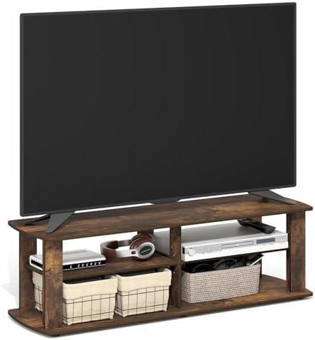 Furinno Nelly TV Stand, 3-Tier Entertainment Center with Open Shelves Storage, TV Console for TV up to 50 Inch, Soft Edges, for Living Room, Bedroom, Amber Pine