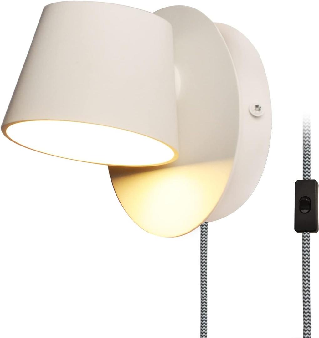 Modern White Plug in Wall Lamps with Warm 2700k Lighting 350 Rotary Lights Adjustable Head Spotlights for Bedside Headboard Lamps with Switch in Cord Mounted Fixture for Living Room Corner, Hallway (Black led rotation wall light)
