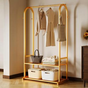 Sturdy Heavy Duty Clothes Rack, Gold Clothing Rack with Bottom Shelves and 6 Side Hooks, Metal Garment Rack for Hanging Clothes for Bedroom