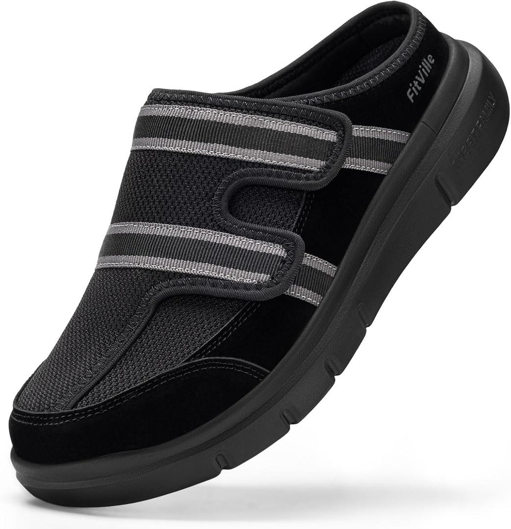 FitVille Mens Wide Slippers with Arch Support Breathable Adjustable House Slippers Mules‌ Orthopedic Indoor Walking Shoes Slip On Clog for Plantar Fasciitis, 14 Wide