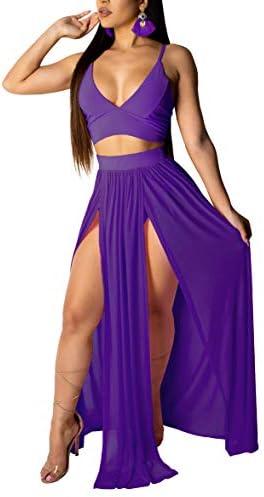 Women Sexy 2 Piece Outfits Dress Chiffon Strap Deep V Neck Bra Crop Top High Split Maxi Dresses Skirt Set Size S