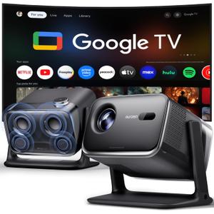 Aurzen BOOM mini Google TV Smart Projector with WiFi and Bluetooth, Voice Control, Family Mode, 20W Dolby Audio, Real-Time Focus, 4K Supported Movie Projector for Bedroom/Home Theater/Outdoor, Black