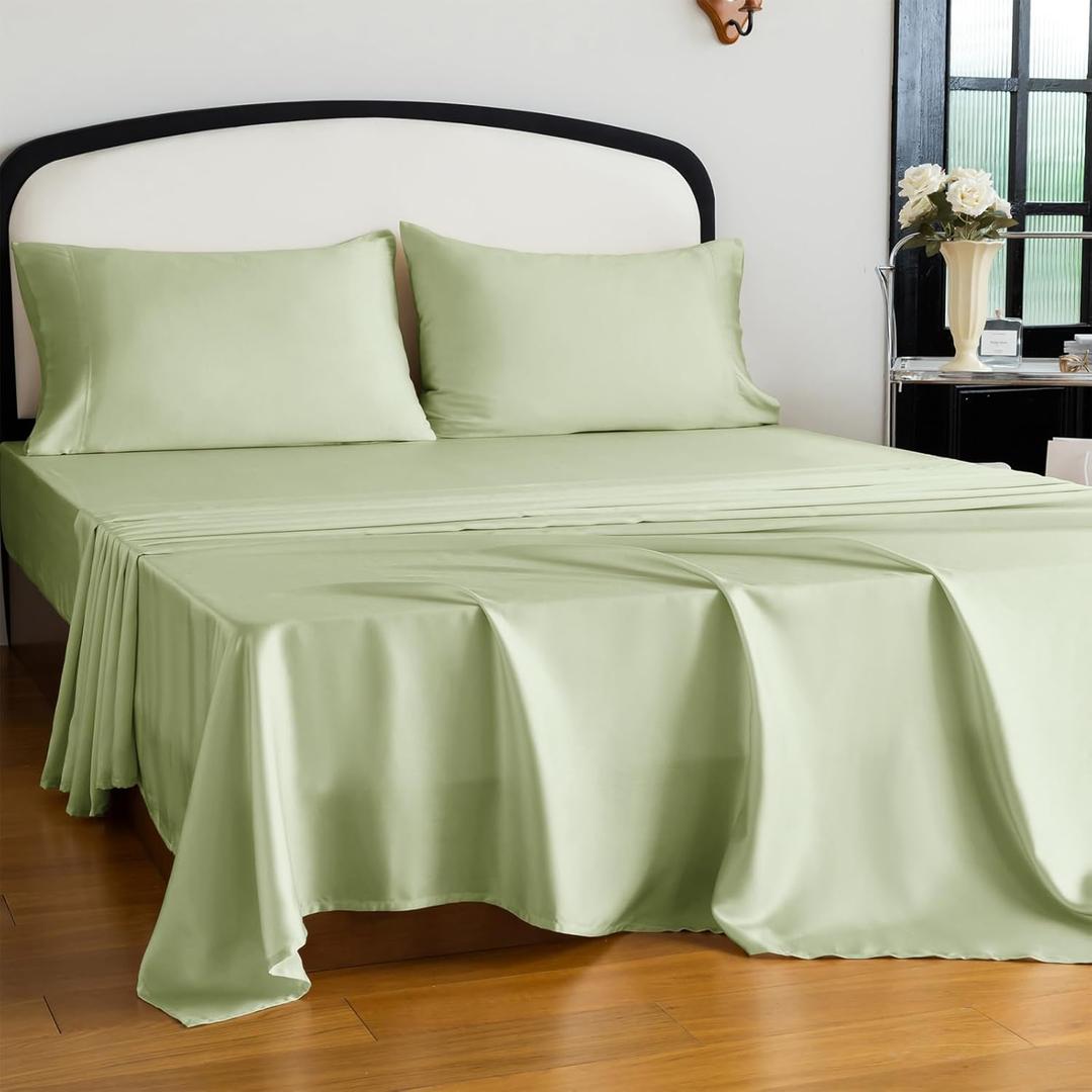 Queen Size Tencel Lyocell Cooling Sheets, Silky Soft Sheet Set with 16 Inch Deep Pocket, Breathable Eucalyptus Bedding for Hot Sleepers, Sage Green