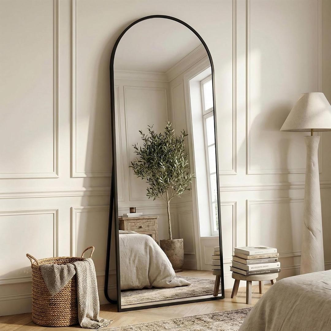 Suidia 56"x14" Arched Full Length Mirror with Stand, Full Body Mirror with Aluminum Frame, Freestanding/Leaning/Wall-Mounted, Floor Mirrors for Bedroom, Living Room, Entryway, Dressing Room, Black