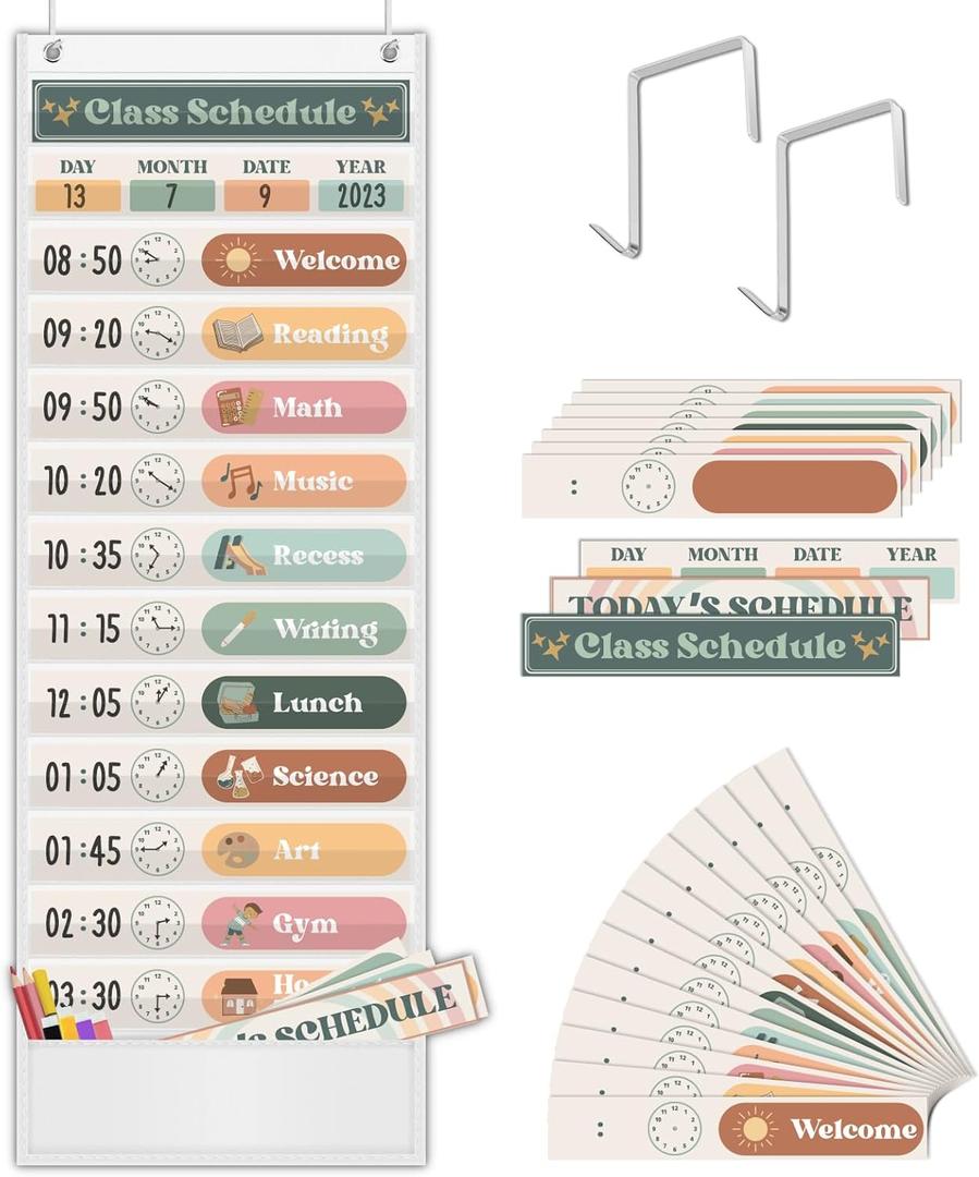 Godery Boho Daily Schedule Pocket Chart for Classroom with 24 CardsWelcome Back to School Classroom Decorations, White
