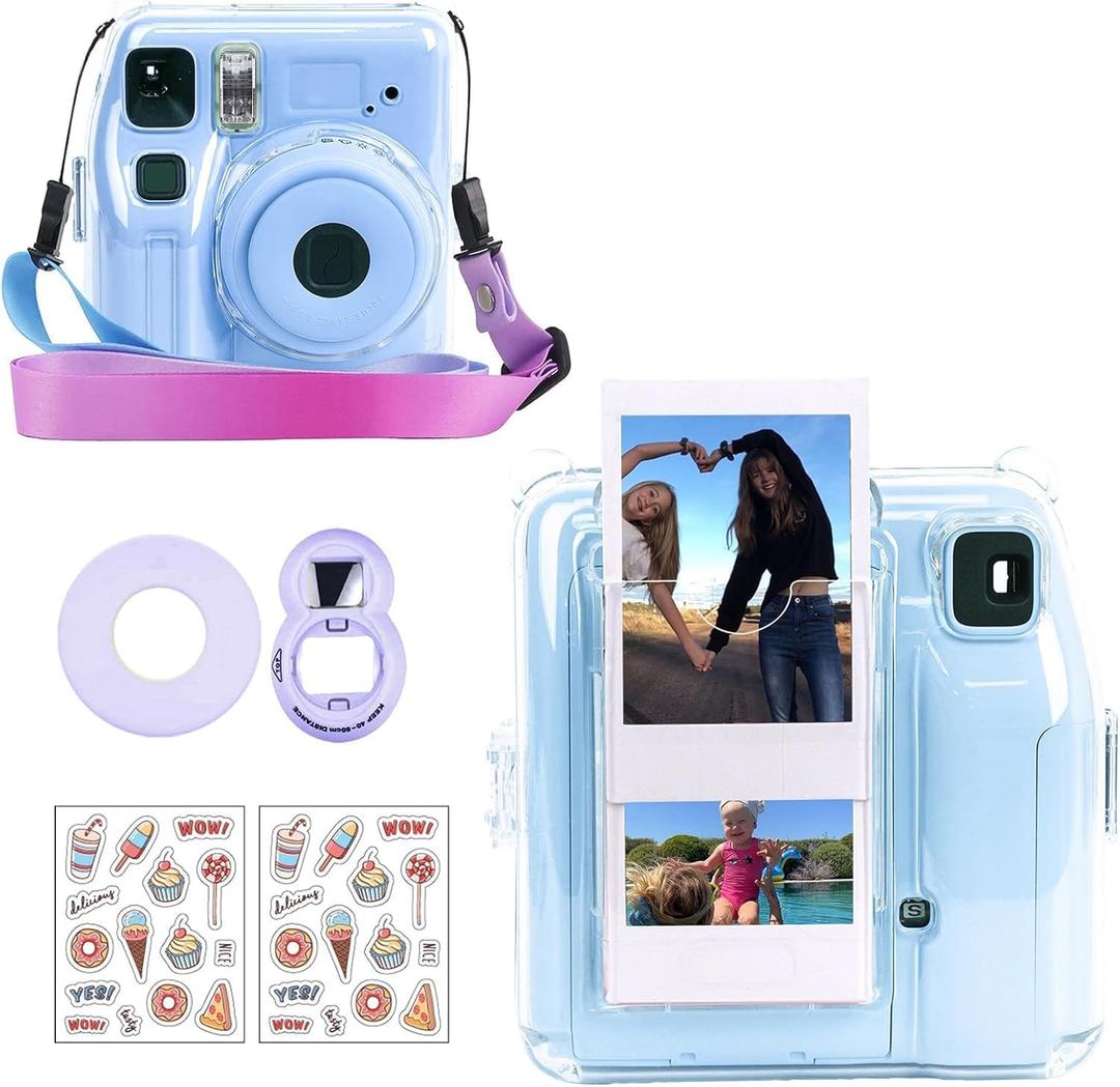 CAIYOULE Clear Case for Fujifilm Instax Mini SE Camera Protective Case with Back Photo Storage Pocket, Selfie Mirror, Stickers and Adjustable Shoulder Strap