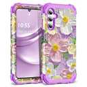 SleekCover for Galaxy A15 5G Case, 3 in 1 Oil Painting Flower Pattern Heavy Duty Shockproof Protection Silicone Rubber Bumper+Hard Plastic Hybrid Protective Cover for Samsung A15 6.5", Purple/ Pink