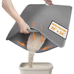 Cat Litter Mat-30"X24" Jumbo Litter Trapping Mat EVA Honeycomb,Urine & Waterproof Scatter Control Matt for Cat With Handle Design Easier To Clean, Less Waste, Soft On Paws, Gray