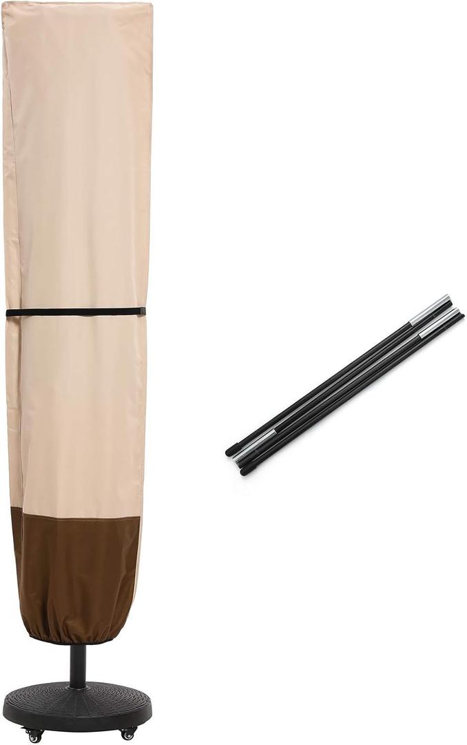 SUPERJARE Patio Umbrella Cover with Rod for 7 to 11 Ft Umbrellas & 15 Ft Double-Sided Umbrellas, 600D Protective Waterproof Cover with Zipper, Beige & Brown