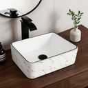 16 inch White Marble Ceramic Vessel Sink for Bathroom - Above Counter Rectangle Bathroom Sink with Faucet and Drain Combo, Modern Design, 16x18 inches