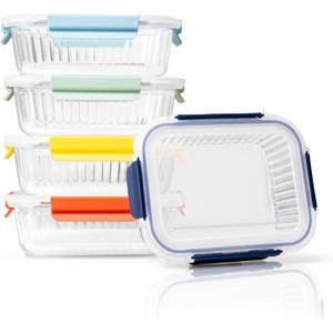 5-Pack 36 oz Sculpted Glass Food Storage Containers with Lids - Borosilicate Glass Meal Prep Container - Airtight, Leak-Proof Food Prep Containers, Microwave, Freezer, Oven Safe & BPA Free