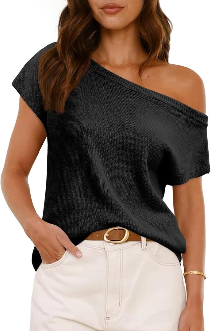 Saodimallsu Womens Off One Shoulder Sweater Tops Summer Short Sleeve Casual Loose Knit Trendy Going Out Tops (Large, Black)