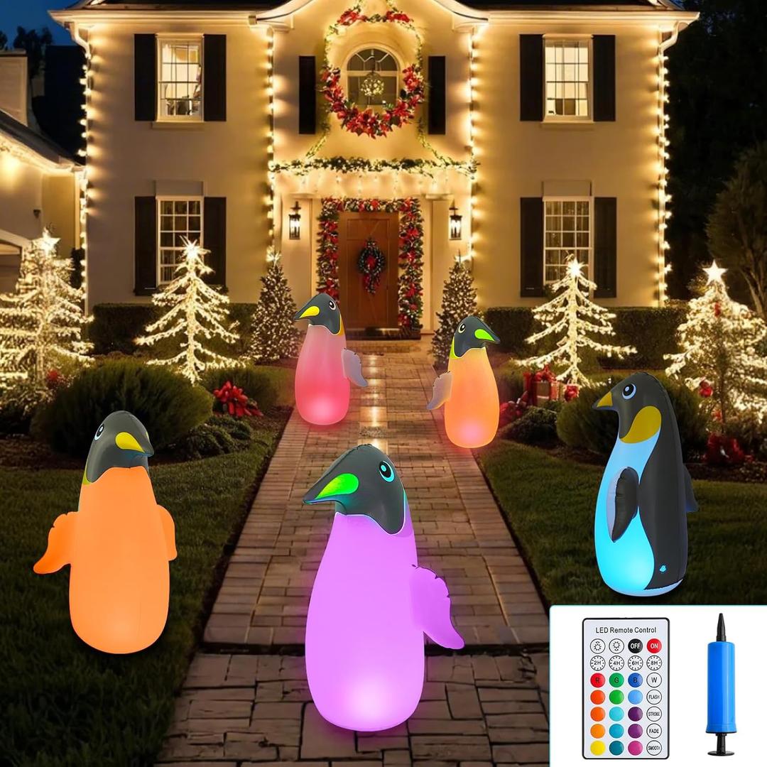 SUPERNIGHT Halloween LED Inflatables Solar Penguin Outdoor Decorations, 2-Pack Solar Light with 16 Color, Yard Wizard Tumbler Toy with Built-in LEDs for Indoor Party Garden Lawn Decor