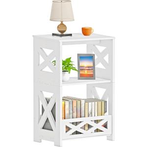BYFU White Side Table, Small End Table with Storage Shelf, 3-Tier Nightstand Bedside Table Bookshelf Bookcase Display Rack for Small Spaces Bedroom Bathroom Living Room Office