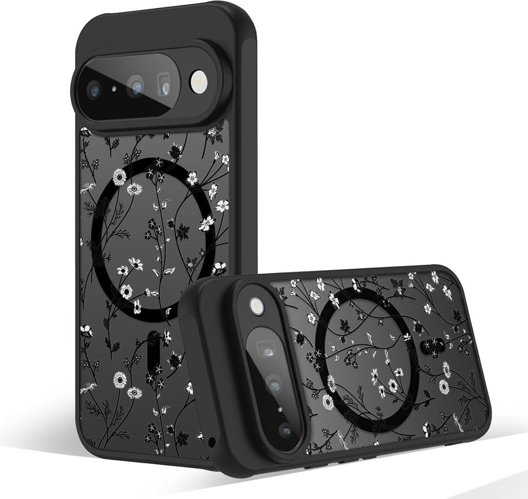 Magnetic Case for Google Pixel 10/10 Pro [Compatible with MagSafe] Cute Black Flower Floral Pattern Case for Women Girls Soft TPU Bumper Hard PC Back Anti-Fall Shockproof Protective Slim Cover (Flower Branch 3)