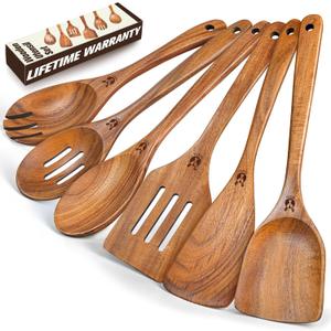 Wooden Spoons for Cooking, 6 Pcs Natural Teak Wooden Kitchen Utensils Set, Cooking Utensils Set with Long & Comfort Grip, Wooden Spoons Spatula Set Perfect for Non-Stick Cookware