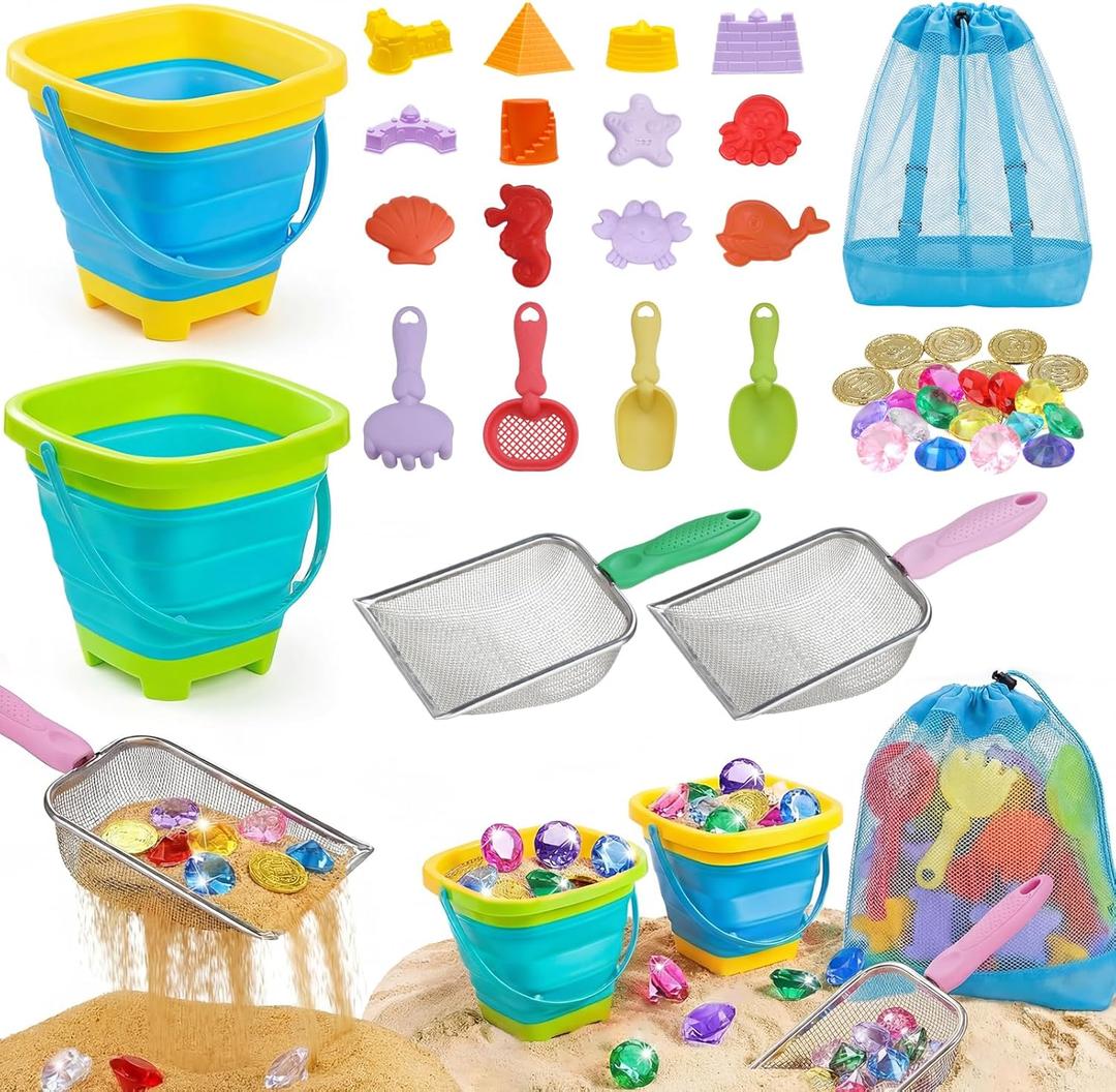 Eicaus 46 PCS Beach Sand Toys for Kids Toddlers, Collapsible Sand Buckets & Mesh Bag Set with Heavy Duty Metal Sifters, Treasure Hunt Gems, Castle Molds, Travel Sandbox Toys for Boys Girls