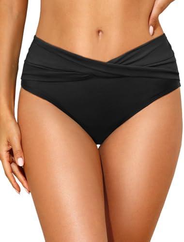Tempt Me Women Mid Waist Bikini Bottoms - V Cut Bathing Suit Bottoms Twist Front Swimsuit Bottoms Ruched Swimwear 2025 Large