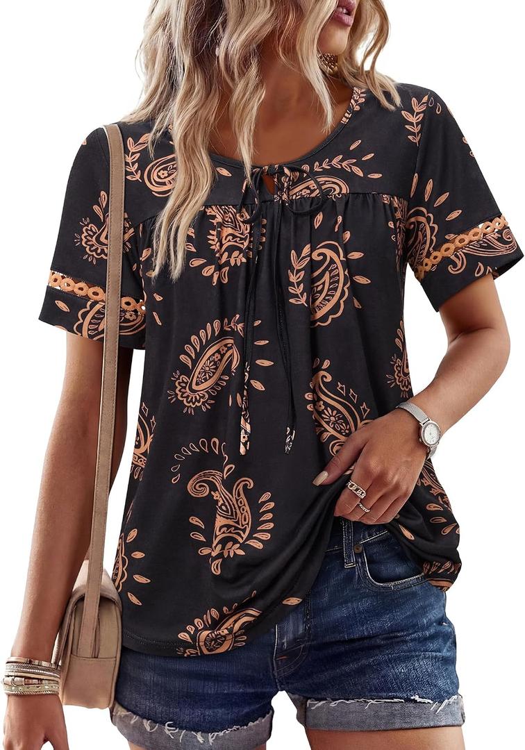 Uhiger Womens Short Sleeve Tops Summer Boho Blouses Drawstring Pleated Shirts Dressy Casual Tie Front Beach Vacation Clothes