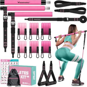 Pilates Bar Kit with Resistance Bands, Multifunctional Pilates Bar for Women & Men with Heavy-Duty Metal Adjustment Buckle, Pilates Home Equipment for Full BodyWorkouts (Pink)