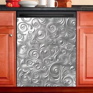 Silver Vines Magnetic Panel Decal,Metal Wave Flower Dishwasher Cover,Stainless Steel Pattern Dishwasher Sticker Kitchen Art Fridge Door Skin,Dishwasher Magnet Cover Home Decor Decal,Vinyl Sticker, 23W x 26H