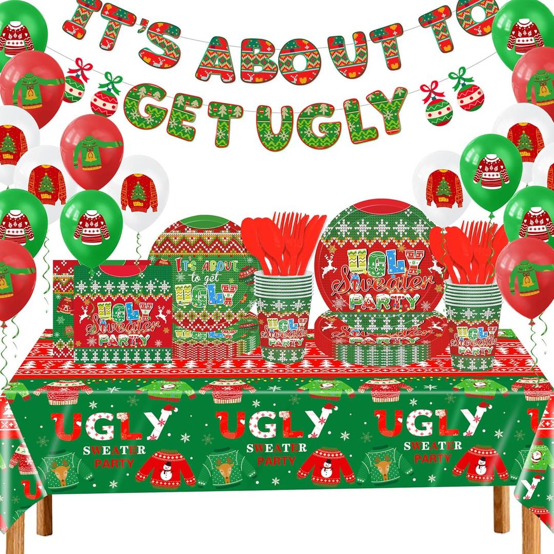 189 PCS Ugly Sweater Party Decorations Disposable Tablecloth Plates Napkins Banner Cups Balloon Ugly Sweater Party Supplies Tableware Set for Christmas Party Supplies Serves 24 Guests