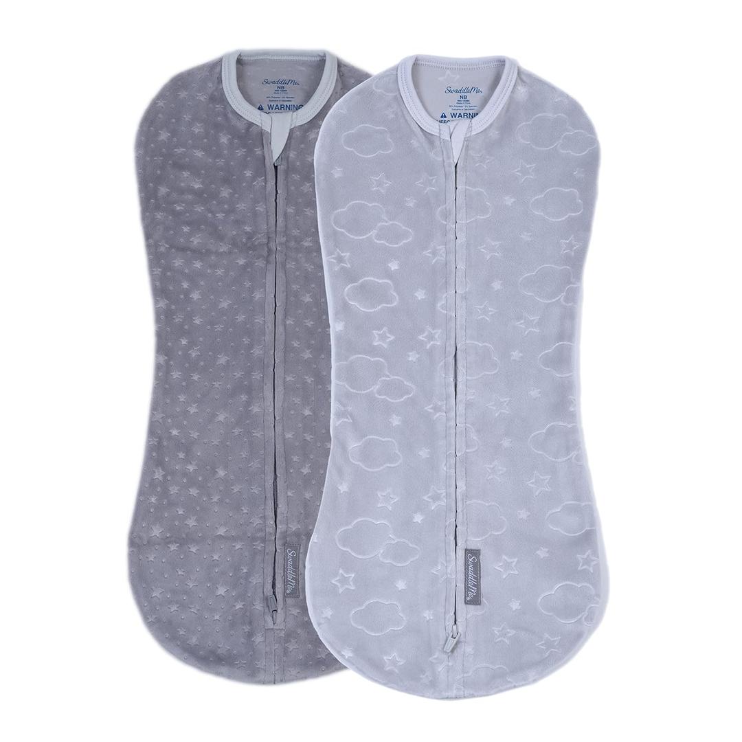 SwaddleMe by Ingenuity Compression Baby Swaddle Pod in Velboa, Two-Way Zipper for Easy Diaper Changes, Improves Sleep & Calms Startle Reflex, 0-2 Months, 1.0 TOG, 2-Pack - Clouds & Stars