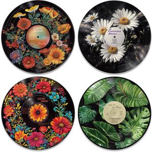 twinklemon 4PCS Vinyl Record Decor 12 Inch Record Decorations for Indie Hippie Room Decor Botanical Wall Art for Room Aesthetic Flower Leaves Records Wall Decor for Music Party Studio Display
