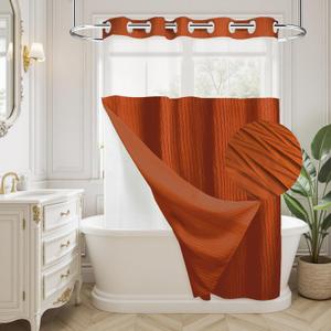 Burnt Orange Ruffle Shower Curtain with Crumpled Texture & Snap-in Liner - No Hooks Required Bathroom Luxury Decor, 72"x72" Waterproof Fabric with Privacy Top Window