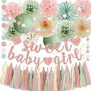Sage Green and Blush Pink Baby Shower Decorations - Sweet Baby Girl Banner, Olive Green Lanterns, Streamers, Tissue Pom Poms, Paper Fans, Pink Beige Boho Paper Tassel, Rustic Backdrop Decor