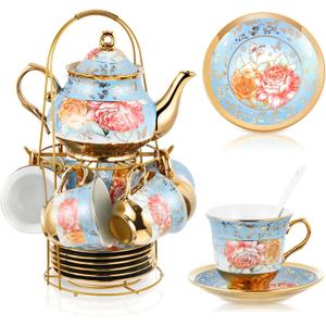 Zhehao Porcelain Tea Set with Metal Holder and Spoon Adult Ceramic Tea Set European Flower Painting Teapot Cup Saucer Spoon for Women Mom Gift, Large Version(Simplicity Style,20 Pcs)
