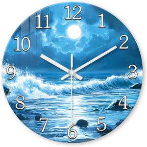 XFM Large Blue Wall Clock 20 Inch Silent Wall Clocks Battery Operated Moon Ocean Wave Round Clocks for Kitchen Bedroom Bathroom Decor