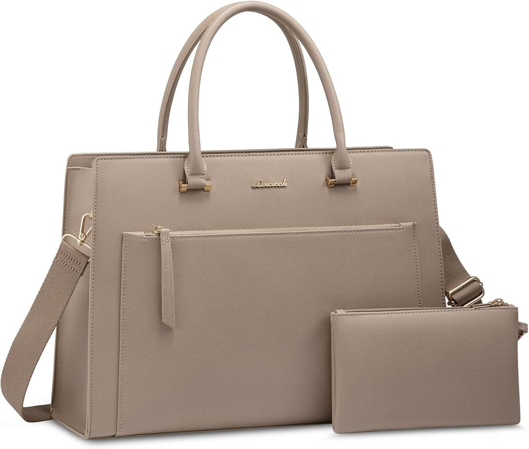 LOVEVOOK Laptop Bag for Women 15.6 Inch Tote Work Bag Leather Computer Briefcase Waterproof Business Teacher Office Bag Handbag with Small Clutch,Light Khaki