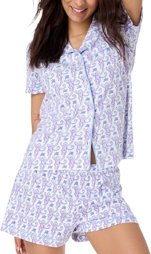 Womens Pajamas Set, 2PCS Button Down Vacation Monkey Beach Shorts Set Y2k Loungewear Pjs for Birthday Valentines Gift (Medium)