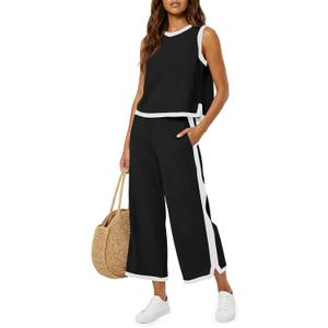 Fisoew Womens 2 Piece Outfits Summer Sleeveless Wide Leg Capris Tracksuits Casual Cotrast Colors Lounge Sets, Large