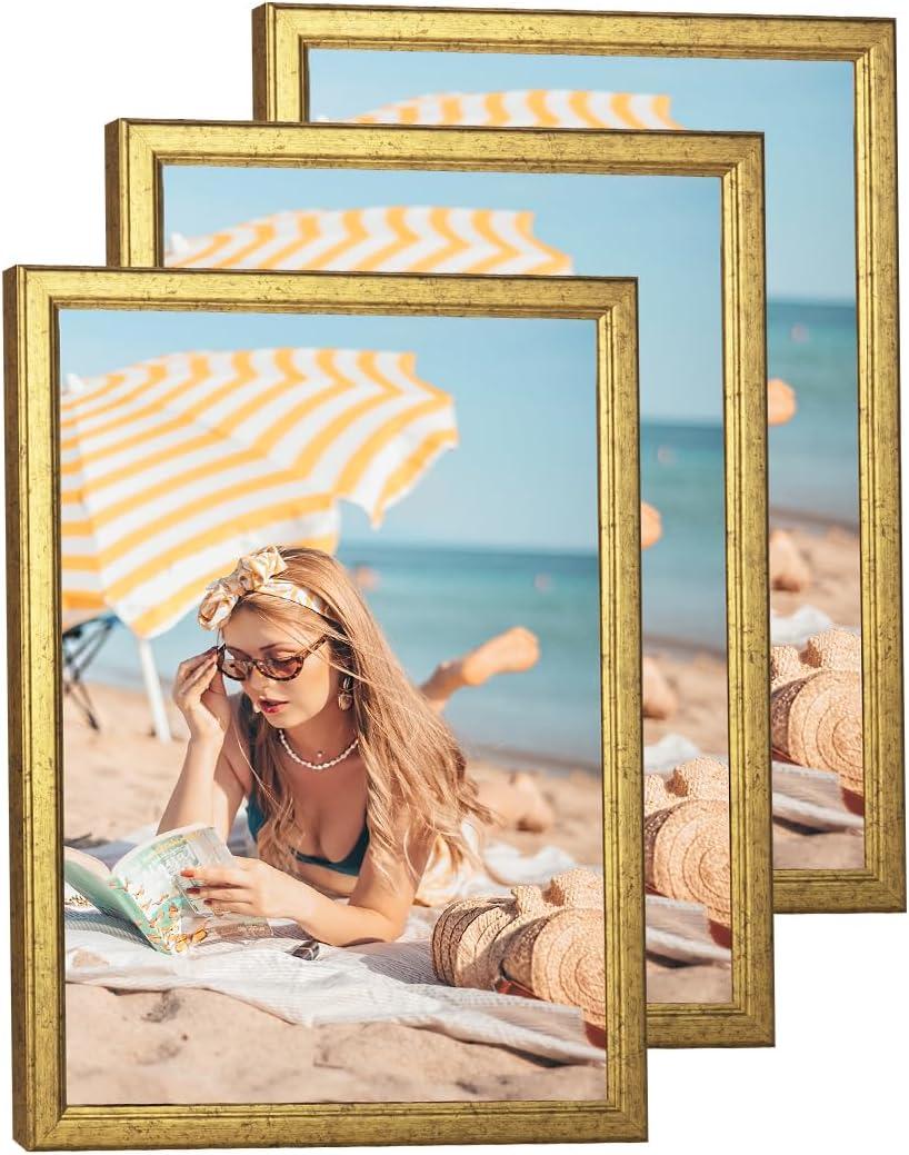 3 pack Wood 12x16 Frame Gold, Ornate Natural Wooden 16x12in Picture Frame, Modern Golden 12 x 16in Gallery Photo Pic Frame with HD Plexiglass,Horizontal Vertical Wall Mounting Set of 3