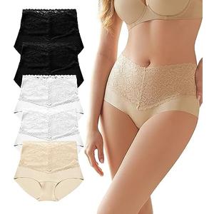 SHARICCA High Waist Lace Underwear for Women Seamless Sexy Panties Ladies Stretch Full Coverage Briefs, Pack of 5, M