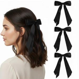 3Pcs Black Large Hair Bows Alligator Clip 7.8" Solid Satin Polyester Bow Hair Clips Ponytail, Long Tail Hair Barrettes Accessories for Women Girls