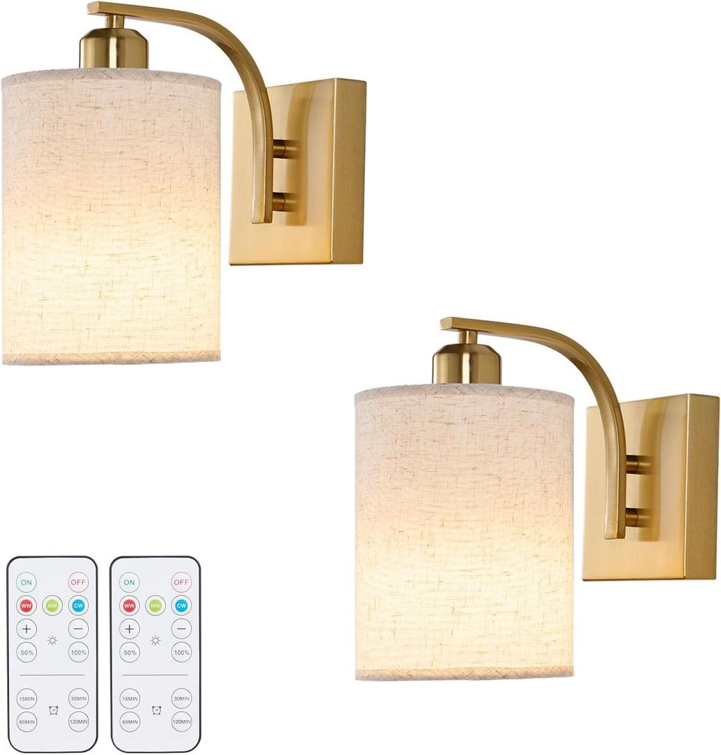 Gold Rechargeable Battery Operated Wall Sconces Set of 2 with Remote, Wireless Dimmable Battery Powered LED Wall Lights, Cordless Wall Lighting Lamp Fixture for Bedroom Living Room