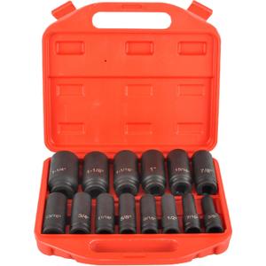 1/2" Drive 6 Point Deep Impact Socket Set 14 Piece 6 Point Impact Set Standard Impact Socket Set,SAE Sizes,CR-V(3/8-Inch to 1-1/14") (Red)