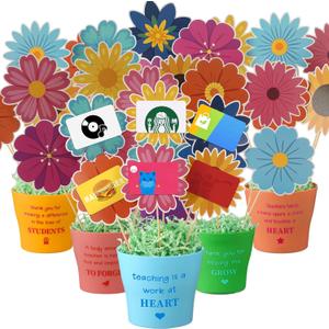 Yookeer 12 Sets Back to School Teacher Gift Card Flower Bouquet Pot Basket DIY 12 Pots 80 Flower Cardstocks 12 Thank Stickers with Bamboo Sticks and Raffia DIY Craft Back to School Gift