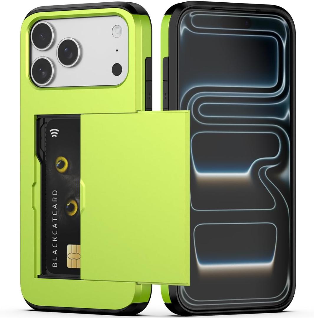 Nvollnoe Compatible with iPhone 17 Pro Max Case with Card Holder Dual Layer Heavy Duty Protective Shockproof Hidden Card Slot Slim Wallet Phone Case for Women&Men 6.9 inch(Fluorescent Green)