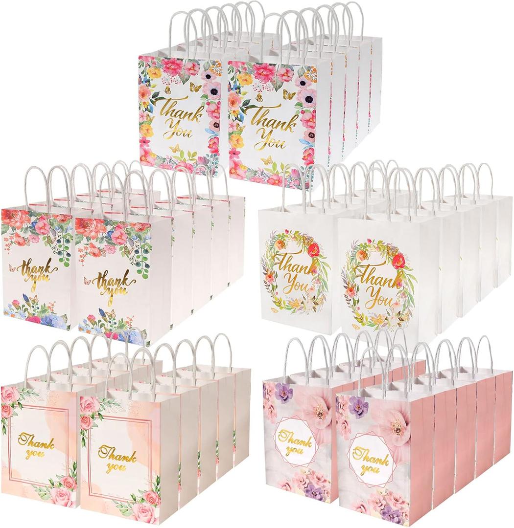 Outink 50 Pcs Thank You Gift Bags Bulk Floral Design Thank You Paper Bags Colorful Thank You Bags for Wedding Business Baby Shower Boutique Birthday Party, 8"x6"x3"